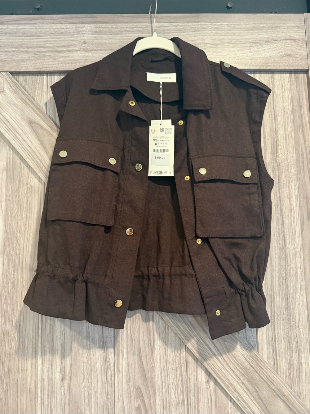 Zara linen - Classic Sleeveless Utility Jacket - Dark Brown